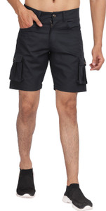 CLOTHINK India Solid Men Black Cargo Shorts