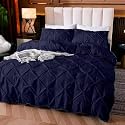 Cotton 600 Thread Count, Luxurious Pleated Design Duvet Cover |1 Duvet Cover with 2 Pillow Shams 17" x 27" |Queen|King|Twin|Double Bed|Single Bed Sizes (Navy Blue, Queen)