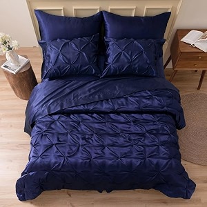 satin pinch duvet cover set - bright colored stain fade amp wrinkle resistant - includes 1 silk satin cover and 2 pillowcases king navy blue