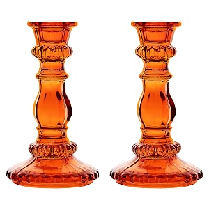 clovefry antique glass candle stand for home decor  beautiful candle holder for living room centre table  elegant candle stick holders table centerpiece orange pack of 2