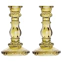Clovefry Antique Glass Candle Stand | Elegant Glass Candle Holder for Home Decor | Tea Table Decoration Items | Decorative Candles Stand for Dining Table, Christmas Decor (Lemon Green, Pack of 2)