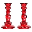 Clovefry Antique Glass Candle Stand | Elegant Glass Candle Holder for Home Decor | Tea Table Decoration Items | Decorative Candles Stand for Dining Table, Christmas &amp; Diwali Decor (Red, Pack of 2)