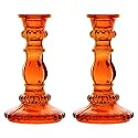 Clovefry Antique Glass Candle Stand for Home Decor | Beautiful Candle Holder for Living Room Centre Table | Elegant Candle Stick Holders Table Centerpiece (Orange Pack of 2)