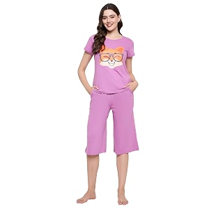 clovia women cotton night suit printed top amp capri set