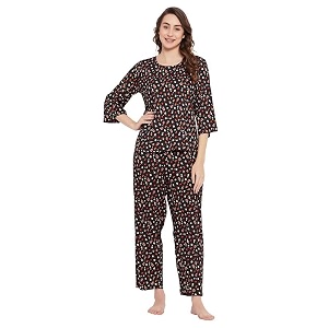 clovia women39s rayon printed top amp pyjama set in black