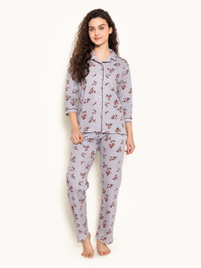 Clovia Women Floral Print Grey Shirt