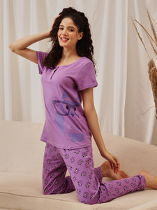 Clovia Women Printed Purple Top Pyjama