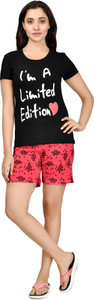 club a9 women top  shorts set black red printed