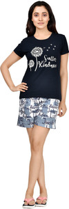 club a9 women top  shorts set dark blue white printed