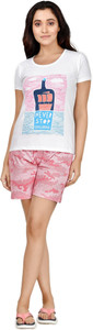 club a9 women top  shorts set white pink printed