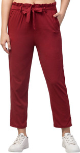 clugenix women slim fit maroon cotton blend trousers