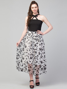 clugenix women fit and flare black below knee dress
