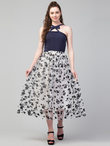 clugenix women fit and flare dark blue below knee dress