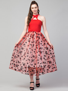 clugenix women fit and flare red below knee dress