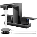 Cobbe Bathroom Faucets for Sink 3 Hole, Matte Black Bathroom Sink Faucet Square 4 Inch Centerset with Pop-Up Drain, 2 Handle and 2 Supply Hoses, Lead-Free Stainless Steel for Vanity, Rv, Farmhouse