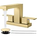 Cobbe Bathroom Faucets for Sink 3 Hole, Brushed Gold Bathroom Sink Faucet Square 4 Inch Centerset with Pop-Up Drain, 2 Handle and 2 Supply Hoses, Lead-Free Stainless Steel for Vanity, Rv, Farmhouse