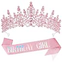 COCIDE BIRTHDAY GIRL Sash for Women Happy Birthday Sashes and Crowns for Girls Crystal Tiaras for Princess Pink Party Decoration for Gift Headband Supplies Accessories Favors