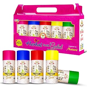 cock brand herbal gold gulal  pack of 5 300g  organic herbal gulal for holi corn starch powder  non-toxic holi colours  easy to remove and washable  smooth on skin