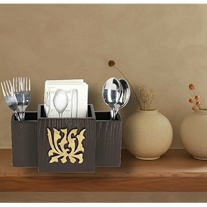 cocktail decorative wooden mdf spoon stand cutlery holder spoon holder for dining table multifunctional organizer stand for kitchen tableware storage box 3 sections brown f-gold