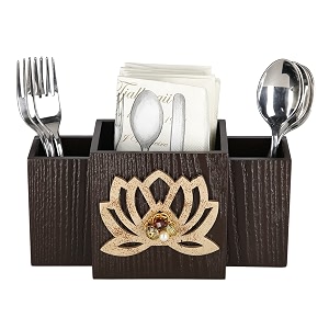 cocktail decorative wooden mdf spoon stand with 3 sections cutlery stand spoon holder for dining table multifunctional organizer stand for kitchen brown laser lotus