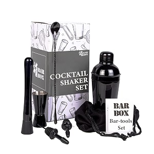 cocktail shaker - bar box 6 piece bartender kit - stainless steel cocktail shaker set premium bar tools  martini shaker muddler jigger mixing spoon strainers ice tong mettalic black