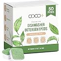 COCO+ Dishwasher Detergent Pods - Nano-Concentrated Enzymes Power with Rinse Aid &amp; Hard Water Protection - Sparkling, Spotless Dishes - 50 Pods (Fragrance Free)