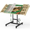 CODACE Puzzle Table with Drawers - Puzzle Tables for Adults with Drawers, Hand-Cranked Height-Adjustable Puzzle Tables with Leg, Tilting Puzzle Board with 6 Tray and Cover, Present for Puzzles Lover