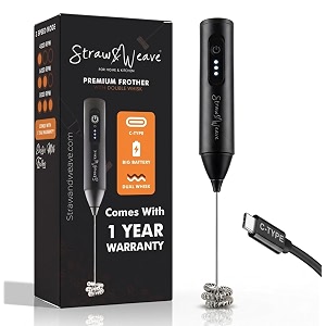 coffee frother electric with double whisk  c type rechargeable coffee maker machine for home  1 year warranty  free coffee blender recipe book  big battery 1 charge  15 days use