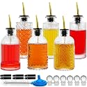 Coffee Syrup Dispenser Bottles Set 6 Pack 7 OZ, Simple Small Glass Syrup Bottles for Coffee Bar with Metal Pour Spout Ideal for Coffee Syrups, Honey