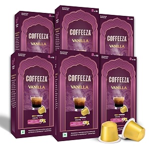 coffeeza vanilla flavoured coffee capsules intensity - 6  aluminium coffee pods 100 arabica  box of 6 60 capsules