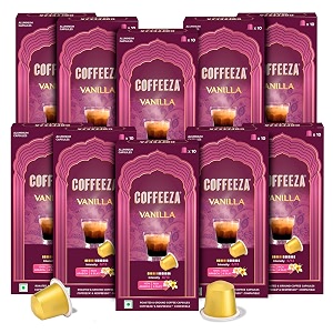 coffeeza vanilla flavoured coffee capsules intensity - 6 aluminium coffee pods 100 arabica  box of 10 100 capsules