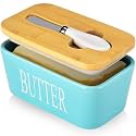 COLBEX Large Butter Dish with Lid Holds Up to 2 Sticks Ceramics Butter Keeper Container with Knife and Stainless Steel Double-layer Silicone Sealing Butter Dishes with Covers Good Kitchen Gift Happiness