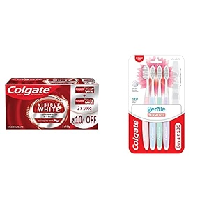 colgate visible white teeth whitening toothpaste pack of 200g  100g x 2 toothpaste with minty flavor for everyday fresh breath amp sensitive soft bristles toothbrush - 4 pcs
