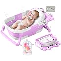 Collapsible Baby Bathtub for Infants to Toddler with Real-time Temp Monitor+Floating Cushion,Foldable Baby Bath Tub Set Applicable 0-36 Month,Portable Travel Bathtub for Newborns Girl (Purple)