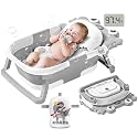 Collapsible Baby Bathtub for Newborns to Toddler with Real-time Temp Monitor &amp; Floating Cushion,Portable Travel Tub for 0-36 Month, Foldable Baby Bath Tub for Infants Boy (Grey)