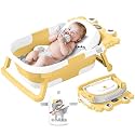 Collapsible Baby Bathtub for Newborns to Toddler with Real-time Temp Monitor &amp; Floating Cushion,Portable Travel Tub Foldable Baby Bath Tub for Infants (Yellow)