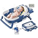 Collapsible Baby Bathtub for Newborns to Toddler with Real-time Temp Monitor &amp; Floating Cushion,Portable Travel Tub for 0-36 Month, Foldable Baby Bath Tub for Infants Boy (Blue)