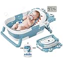 Collapsible Baby Bathtub for Newborns to Toddler with Real-time Temp Monitor &amp; Floating Cushion,Portable Travel Tub for 0-36 Month, Foldable Baby Bath Tub for Infants Boy (Light Blue)