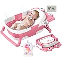 Collapsible Baby Bathtub for Newborns to Toddler with Real-time Temp Monitor &amp; Floating Cushion,Portable Travel Tub for 0-36 Month, Foldable Baby Bath Tub for Infants Girl (Pink)