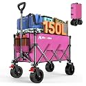 Blomoba Collapsible Wagon Cart, 150L Foldable Wagon with Wide Wheels, Pink