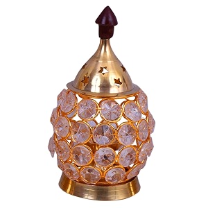 collectible india akhand diya decorative brass crystal oil lamp tea light holder lantern oval shape  puja lamp x-large