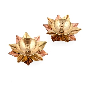 collectible india brass diya lamp lotus shape -decorative akhand deepak for pooja - set of 2 gold_3 x 3 x 15 inches