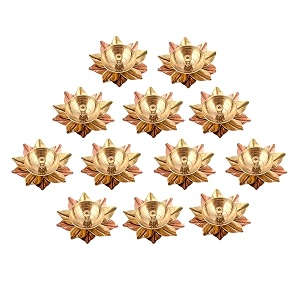 collectible india set of 12 brass diya for puja - diyas lamp lotus shape - deepak for pooja - gift gold 3 x 3 x 15 inch