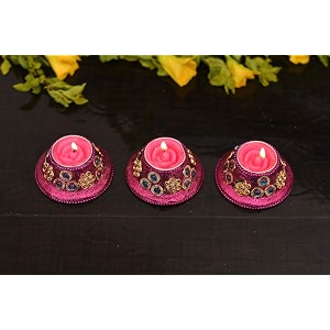collectible india set of 9 glittered tealight candles - floating candles set for home decor - waxed clay diya for diwali lights pink