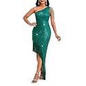 Cololura Women Sequin Elegant Sexy Tassels One Shoulder Mermaid Bodycon Cocktail Evening Midi Party Formal Dress