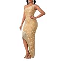 Cololura Women Sequin Elegant Sexy Tassels One Shoulder Mermaid Bodycon Cocktail Evening Midi Party Formal Dress