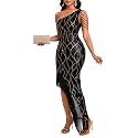 Cololura Women Sequin Elegant Sexy Tassels One Shoulder Mermaid Bodycon Cocktail Evening Midi Party Formal Dress