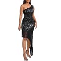 Cololura Women Sequin Elegant Sexy Tassels One Shoulder Mermaid Bodycon Cocktail Evening Midi Party Formal Dress