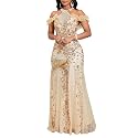 Cololura Women Sequin Halter Mesh Bodycon Formal Maxi Dress Evening Gown