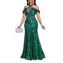 Cololura Women Sequin Halter Mesh Bodycon Formal Maxi Dress Evening Gown